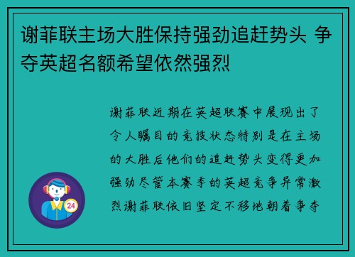 谢菲联主场大胜保持强劲追赶势头 争夺英超名额希望依然强烈 谢菲联主场大胜保持强劲追赶势头 争夺英超名额希望依然强烈